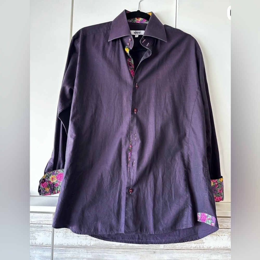XOOS Purple Floral Contrast Button Down Shirt Size 3 100% Cotton